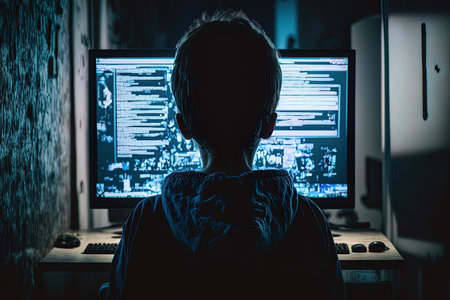 boy work on computer dark scene with lots of light view from back third personの素材