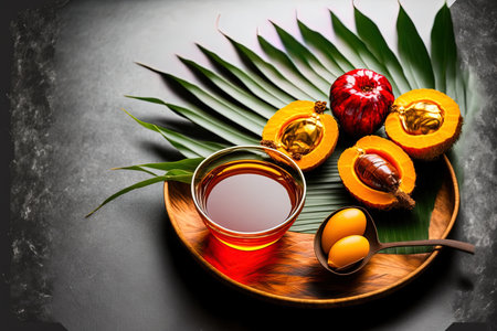 On a gray table with a glass dish of palm oil, tropical leaves, and fruitsの素材