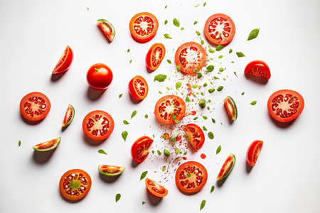 Slices of red tomato floating in the air on a white backdropの素材