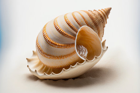 On a white backdrop, a large, lovely seashell is aloneの素材