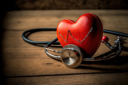 Red heart and stethoscope on a wooden table. cardiovascular theoryの素材