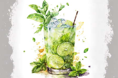 Mojito. Illustration of drinks in watercolor. sketch created by handの素材