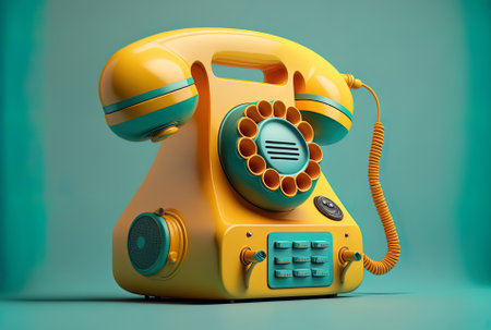 Telephone receiver in yellow on a turquoise backdropの素材