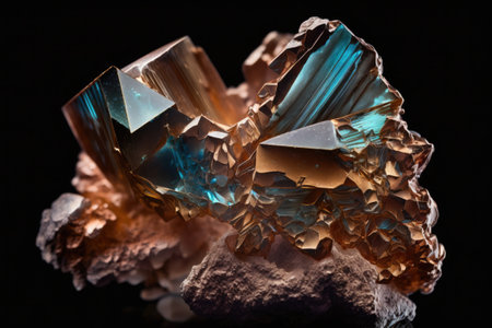 Macro closeup of a copper mineral crystal against a dark backgroundの素材