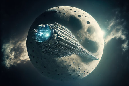 Bottom view of spaceship heading to the moonの素材