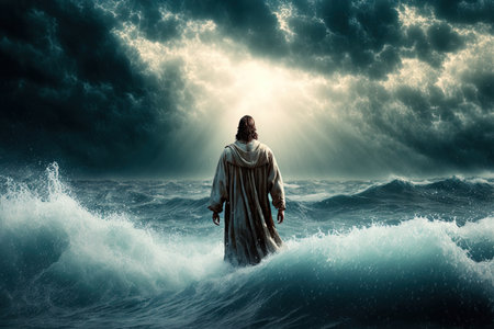 Jesus Christ walking on the sea while in a dramatic settingの素材