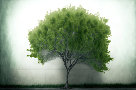 a tree with green leaves against an unclear backdropの素材