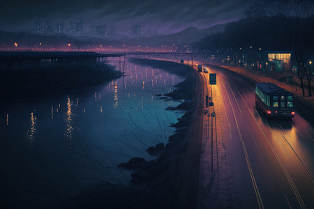 a nighttime road by a river in Seoulの素材