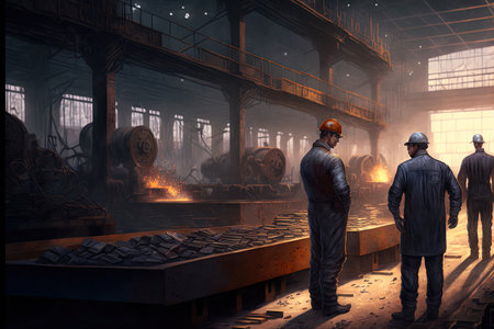 Workers in the warehouse inspect rail measures at the metal foundryの素材