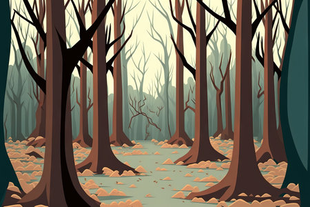 trees in a dense forest without leavesの素材
