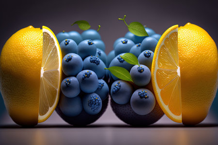 concept of blueberries and lemons as seasonal fruitsの素材