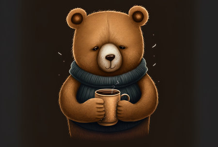 Illustration of an adorable bear doll holding a coffee cup on a dark backgroundの素材