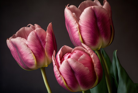 Vertical selective focus image shows a bunch of three pink tulipsの素材
