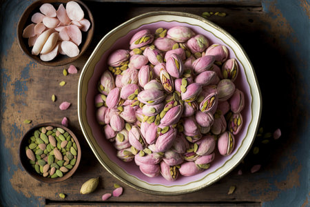 Pistachio nuts in a pink dish on an antique wooden table, top viewの素材