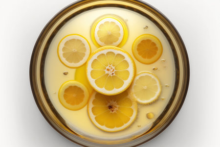 Lemon segment set against freshly squeezed lemon juice in a glass basin. looking upの素材