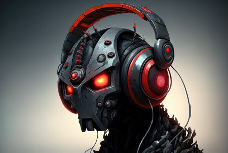 a robotic helmet with headphones and red eyesの素材