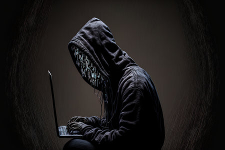 black jumper hacker with out face sit with the computer hand scan backgroundの素材