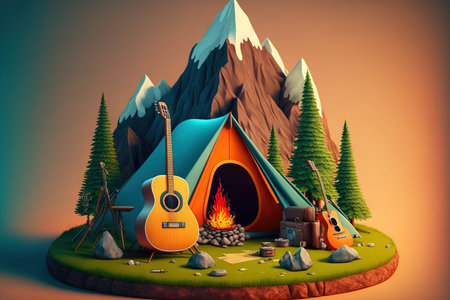 Summer camp concept with tourist camping tent and campfire on camping siteの素材