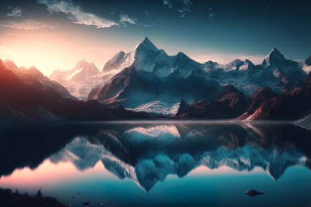 Stunning image of a lake with mountains in the distanceの素材