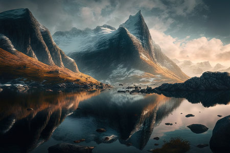 Low perspective of the lovely mountains along the Norwegian coastの素材