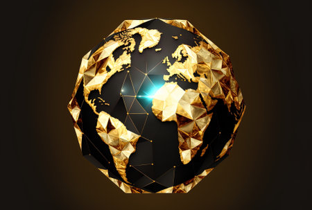 planet Earth symbol. polygonal backdrop with a golden aestheticの素材