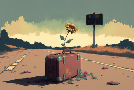 Vacant road and an antique suitcase with a flowerの素材