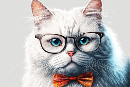 Funny white cat on white background with gray bow tie and spectaclesの素材