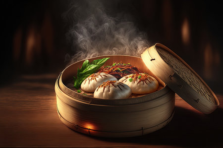 Typical dish gua bao in a bamboo steamer, up closeの素材