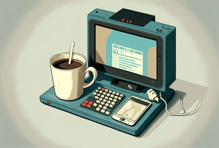 a computer with a phone and coffeeの素材