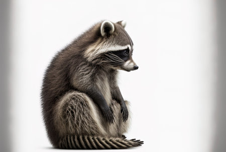 Laughable raccoon sitting alone on a white backdropの素材