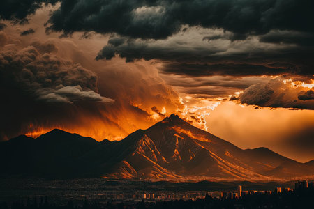 Mountains and cityscapes are hidden by stormy cloudsの素材