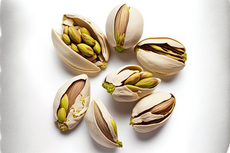 White background with isolated peeled pistachio nuts. looking upの素材
