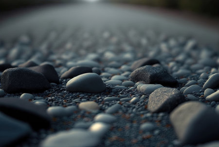 tiny, gray rocks in the earth backdrop of little stones on a gray pathの素材