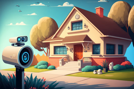 Smart home app and security camera with a private residence in the backgroundの素材