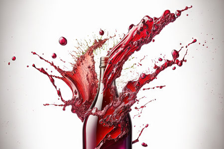 Splash from an uncorked crimson wine bottle on a white backgroundの素材