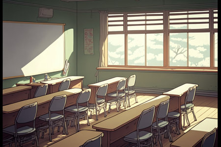 school chairs and desks in an empty Japanese school classroomの素材