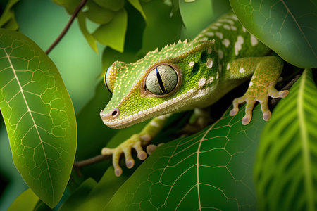 Green leaves with flying gecko camouflage close up of a flying gecko on a treeの素材