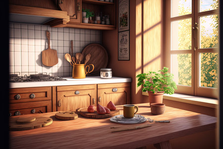 Home background with a wooden desk and a fuzzy kitchen interiorの素材