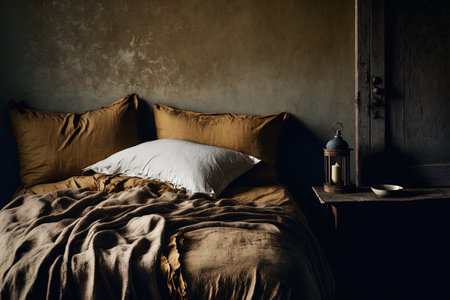 Old grungy brown walls, a simple and comfy bed, and a linen blanketの素材