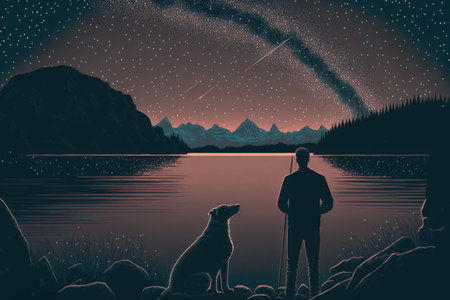 Man with dog looking at Perseid Meteor Shower at lake Bledの素材