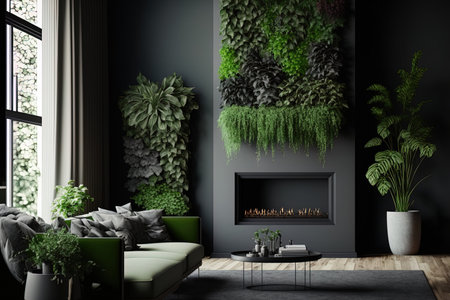 Interior of contemporary living room with vertical green wallの素材