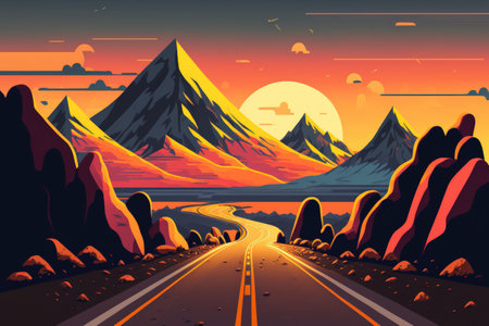 Mountain ranges and asphalt road at a stunning sunsetの素材