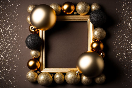 a frame of Christmas balls on a background of gold glitterの素材