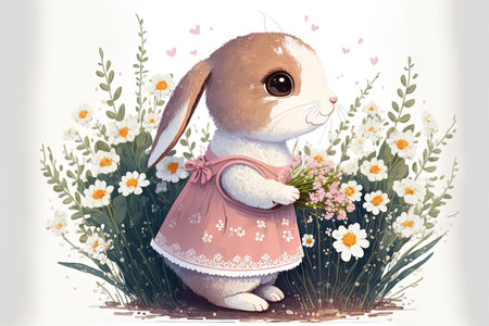 White hare with pink clothing and flowersの素材