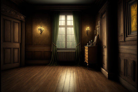 antique interior of a room with a wooden floorの素材