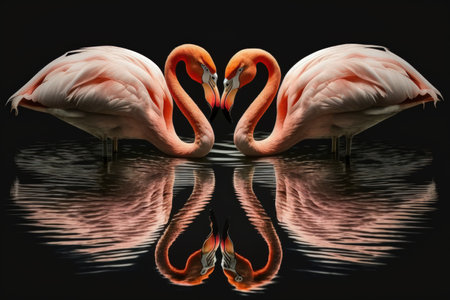 Two pink flamingos in the shape of a heart in the reflection pond. Love as an ideaの素材