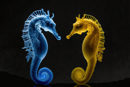 blue and yellow seahorses on dark backgroundの素材