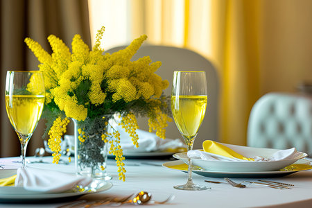 interior table setting for a picture shoot with yellow mimosa flowersの素材