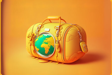 Yellow backdrop with an orange travel bag representing the Earthの素材