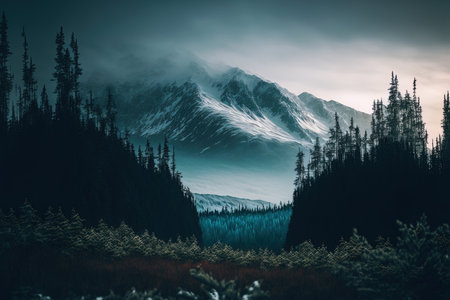Stunning image of mountains and tall, snowy hilltops enveloped in fogの素材